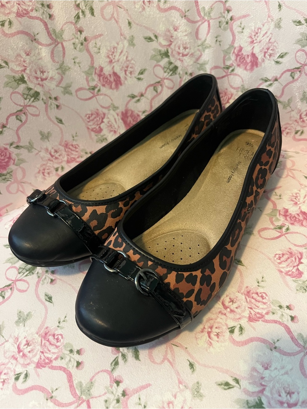 Time and Tru Leopard Print Ballet Flats with Black Cap Toe